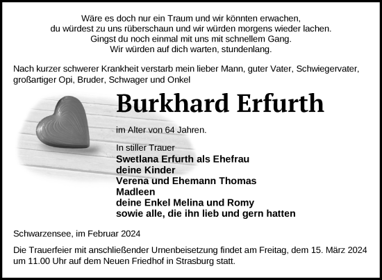 Traueranzeige von Burkhard Erfurth von Nordkurier Pasewalker Zeitung