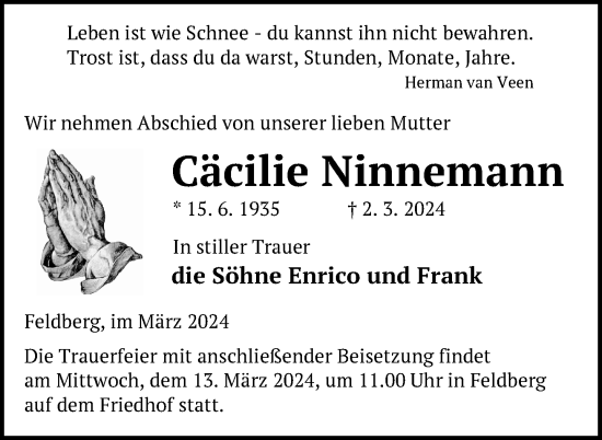 Traueranzeige von Cäcilie Ninnemann von Nordkurier Strelitzer Zeitung