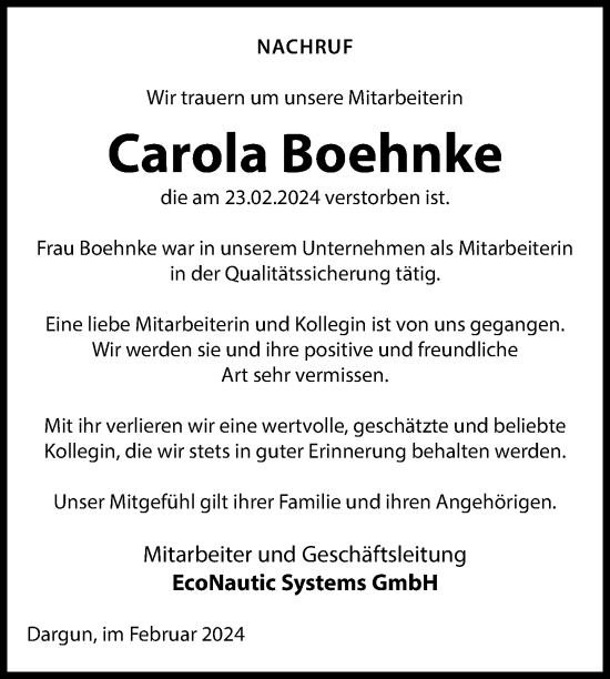 Traueranzeige von Carola Boehnke von Nordkurier Mecklenburger Schweiz