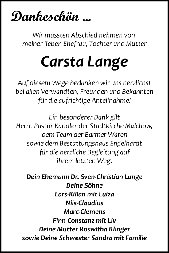 Traueranzeige von Carsta Lange von Nordkurier Müritz-Zeitung