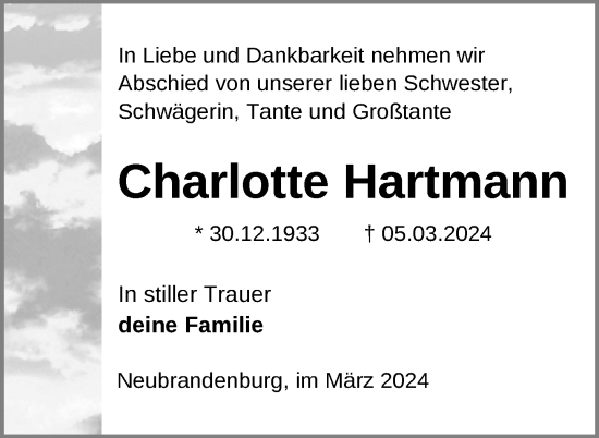 Traueranzeige von Charlotte Hartmann von Nordkurier Neubrandenburger Zeitung