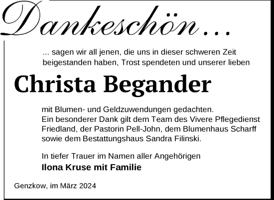 Traueranzeige von Christa Begander von Nordkurier Neubrandenburger Zeitung
