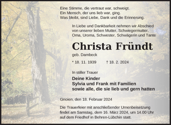 Traueranzeige von Christa Fründt von Nordkurier Mecklenburger Schweiz