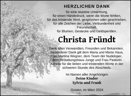 Traueranzeige von Christa Fründt von Nordkurier Mecklenburger Schweiz