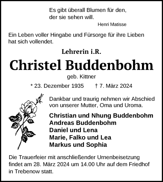 Traueranzeige von Christel Buddenbohm von Nordkurier Neubrandenburger Zeitung