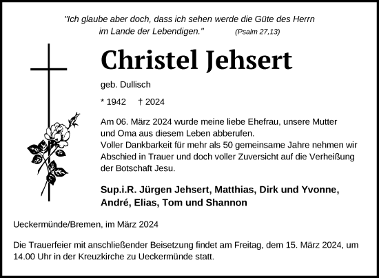Traueranzeige von Christel Jehsert von Nordkurier Pasewalker Zeitung