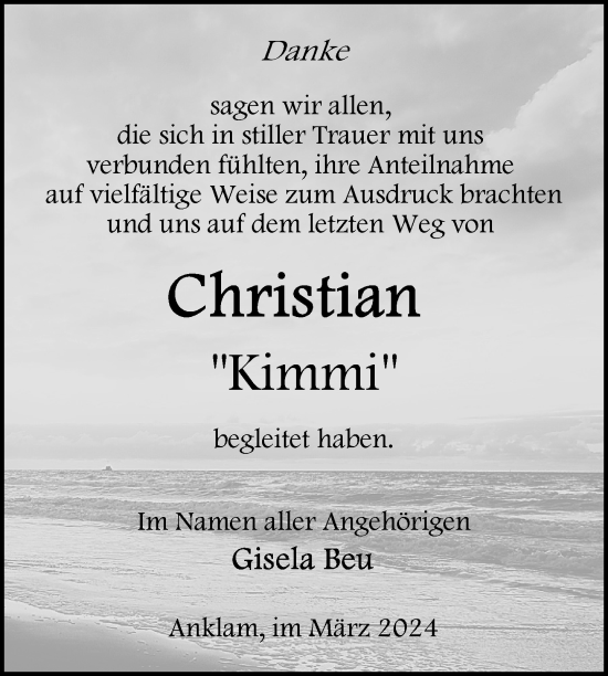 Traueranzeige von Christian Beu von Nordkurier Vorpommern Kurier