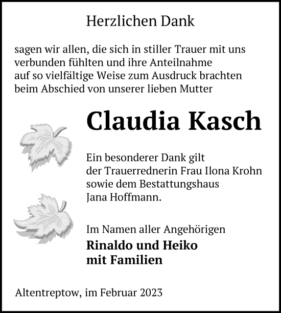 Traueranzeige von Claudia Kasch von Nordkurier Neubrandenburger Zeitung