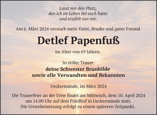 Traueranzeige von Detlef Papenfuß von Nordkurier Haff-Zeitung