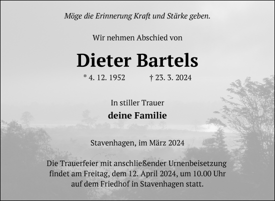 Traueranzeige von Dieter Bartels von Nordkurier Mecklenburger Schweiz