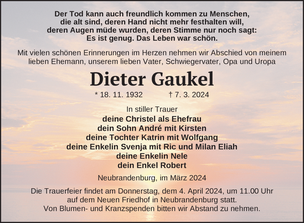  Traueranzeige für Dieter Gaukel vom 16.03.2024 aus Nordkurier Neubrandenburger Zeitung