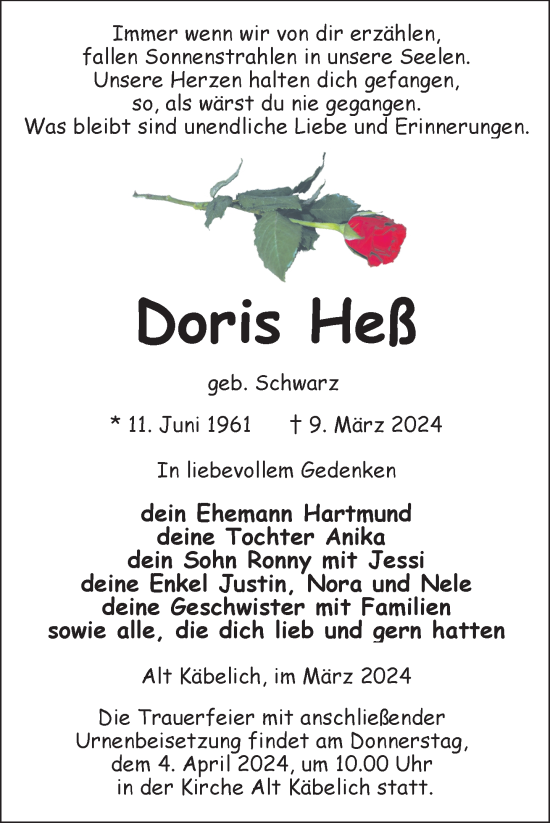 Traueranzeige von Doris Heß von Nordkurier Strelitzer Zeitung