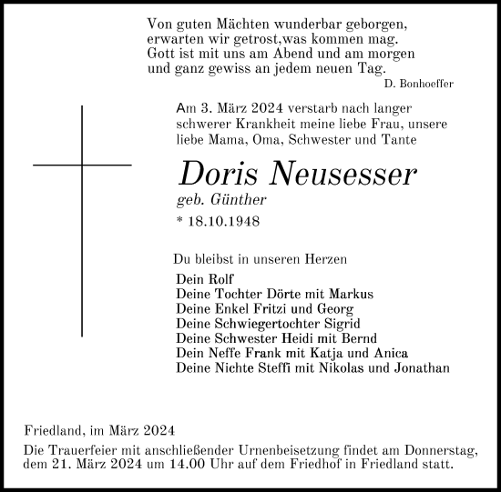 Traueranzeige von Doris Neusesser von Nordkurier Neubrandenburger Zeitung