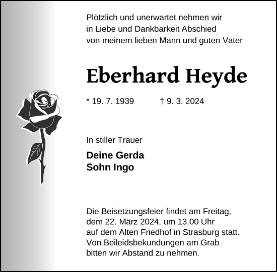 Traueranzeige von Eberhard Heyde von Nordkurier Pasewalker Zeitung