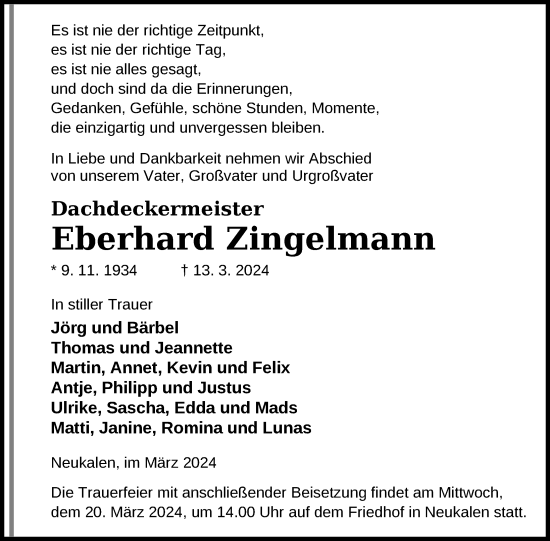 Traueranzeige von Eberhard Zingelmann von Nordkurier Mecklenburger Schweiz