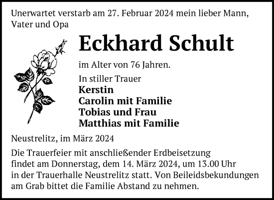 Traueranzeige von Eckhard Schult von Nordkurier Strelitzer Zeitung