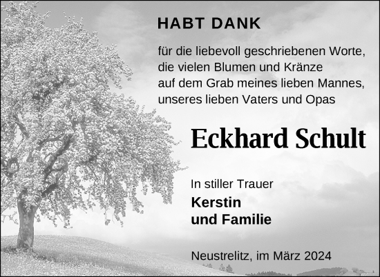 Traueranzeige von Eckhard Schult von Nordkurier Strelitzer Zeitung