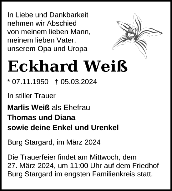 Traueranzeige von Eckhard Weiß von Nordkurier Neubrandenburger Zeitung