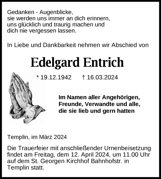 Traueranzeige von Edelgard Entrich von Uckermark Kurier Templiner Zeitung