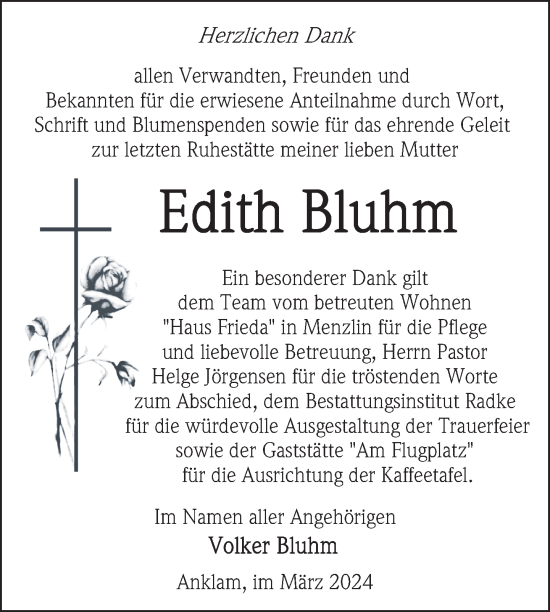 Traueranzeige von Edith Bluhm von Nordkurier Vorpommern Kurier