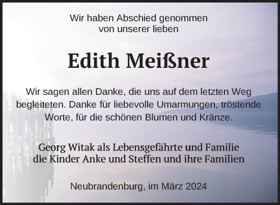 Traueranzeige von Edith Meißner von Nordkurier Neubrandenburger Zeitung