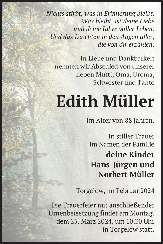 Traueranzeige von Edith Müller von Nordkurier Haff-Zeitung