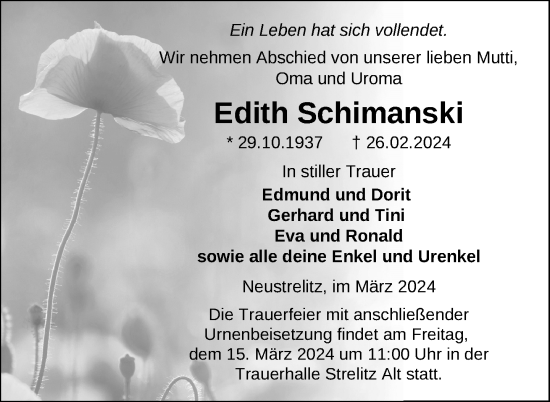 Traueranzeige von Edith Schimanski von Nordkurier Strelitzer Zeitung