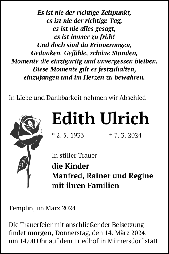 Traueranzeige von Edith Ulrich von Uckermark Kurier Templiner Zeitung