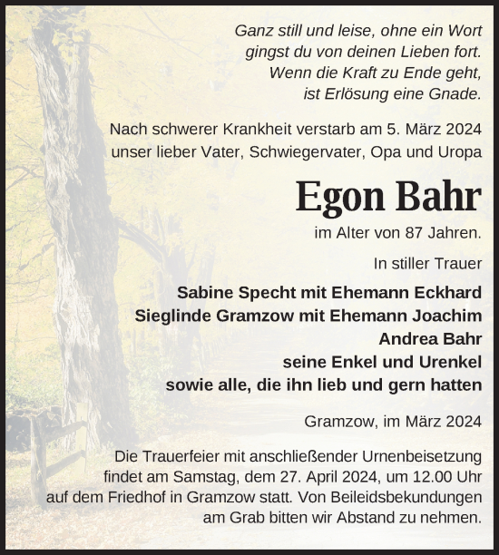 Traueranzeige von Egon Bahr von Uckermark Kurier Prenzlauer Zeitung