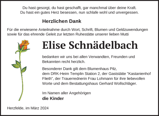 Traueranzeige von Elise Schnädelbach von Uckermark Kurier Templiner Zeitung