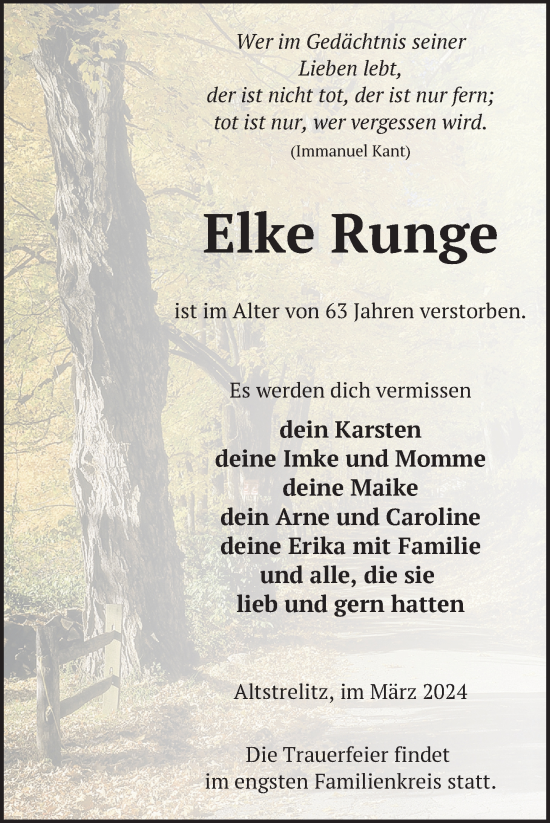 Traueranzeige von Elke Runge von Nordkurier Strelitzer Zeitung