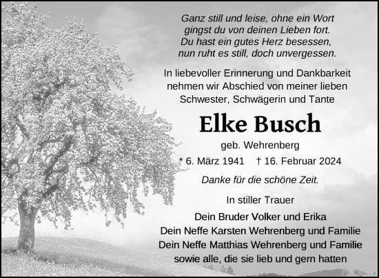 Traueranzeige von Elke Busch Busch von Nordkurier Vorpommern Kurier