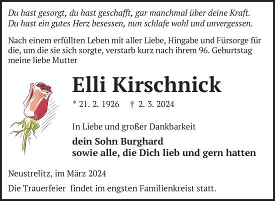 Traueranzeige von Elli Kirschnick von Nordkurier Strelitzer Zeitung
