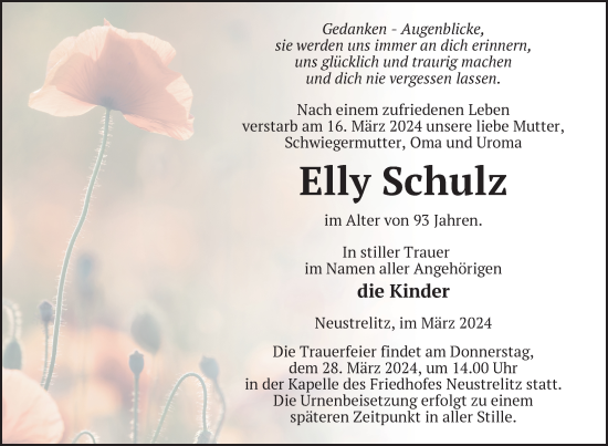Traueranzeige von Elly Schulz von Nordkurier Strelitzer Zeitung