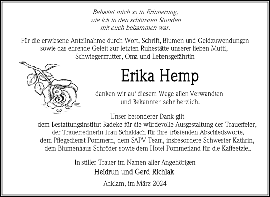 Traueranzeige von Erika Hemp von Nordkurier Vorpommern Kurier