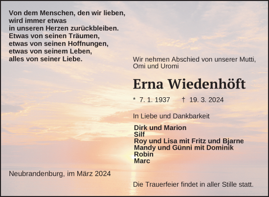 Traueranzeige von Erna Wiedenhöft von Nordkurier Neubrandenburger Zeitung