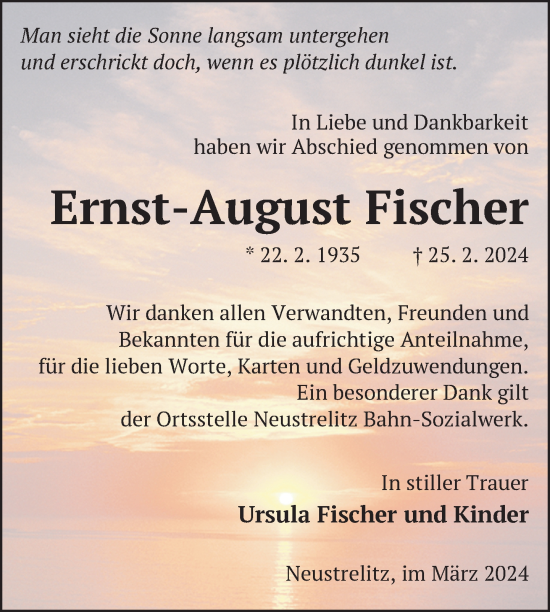 Traueranzeige von Ernst-August Fischer von Nordkurier Strelitzer Zeitung