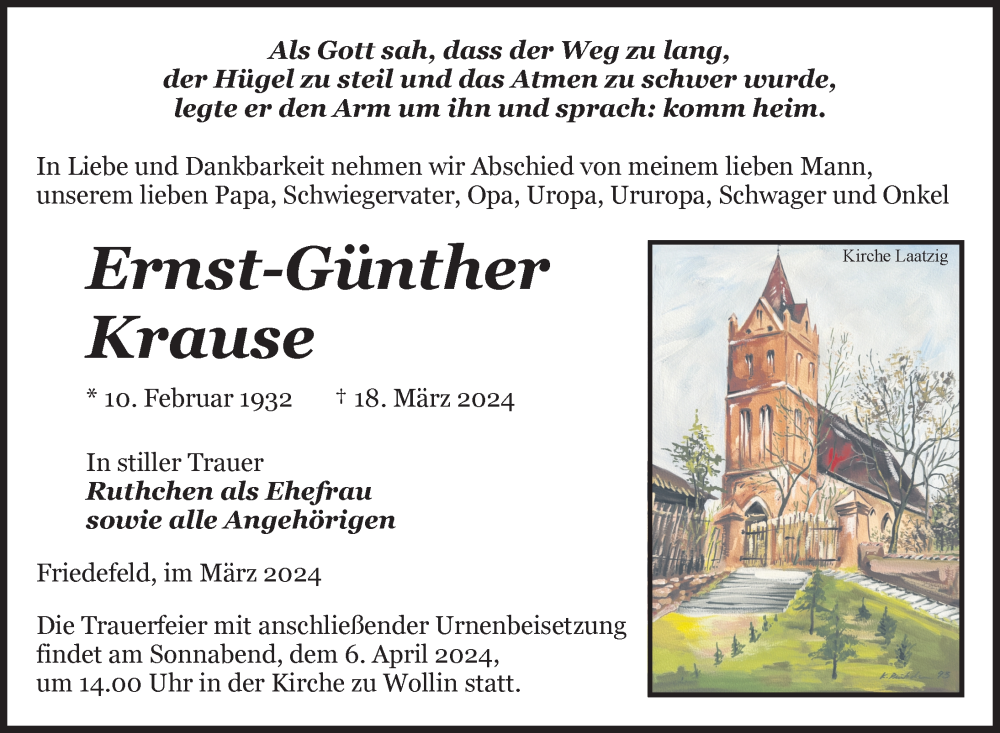  Traueranzeige für Ernst-Günther Krause vom 23.03.2024 aus Nordkurier Pasewalker Zeitung