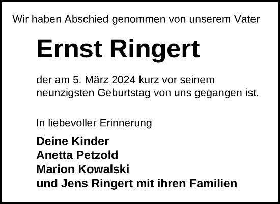 Traueranzeige von Ernst Ringert von Nordkurier Neubrandenburger Zeitung