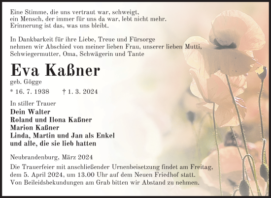 Traueranzeige von Eva Kaßner von Nordkurier Neubrandenburger Zeitung