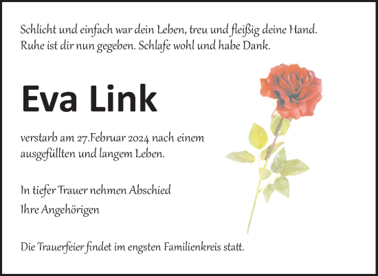 Traueranzeige von Eva Link von Nordkurier Pasewalker Zeitung