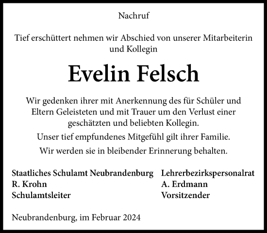 Traueranzeige von Evelin Felsch von Nordkurier Müritz-Zeitung