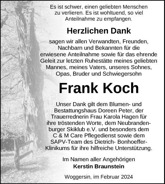 Traueranzeige von Frank Koch von Nordkurier Neubrandenburger Zeitung