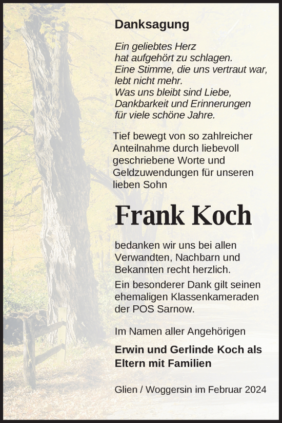 Traueranzeige von Frank Koch von Nordkurier Vorpommern Kurier