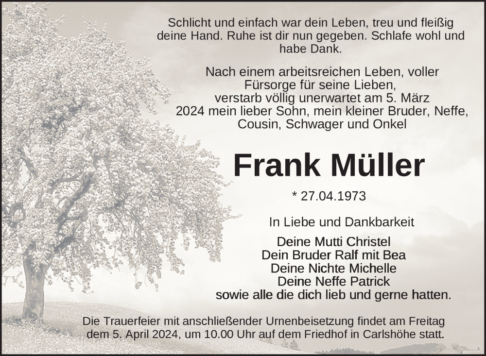  Traueranzeige für Frank Müller vom 23.03.2024 aus Nordkurier Neubrandenburger Zeitung