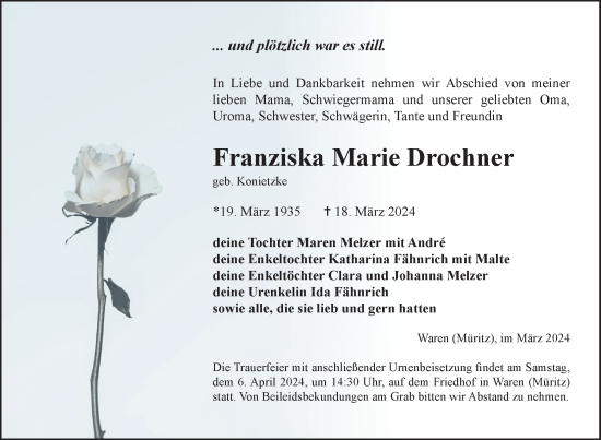Traueranzeige von Franziska Marie Drochner von Nordkurier Müritz-Zeitung