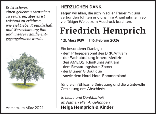 Traueranzeige von Friedrich Hemprich von Nordkurier Vorpommern Kurier