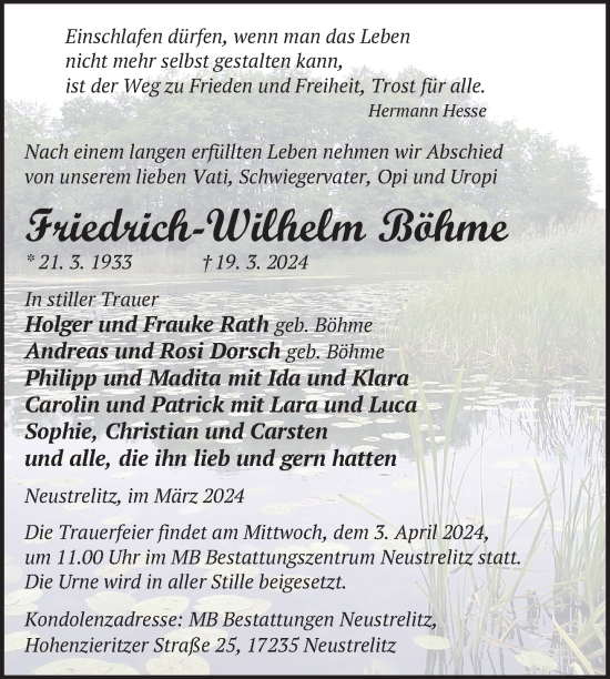 Traueranzeige von Friedrich-Wilhelm Böhme von Nordkurier Strelitzer Zeitung