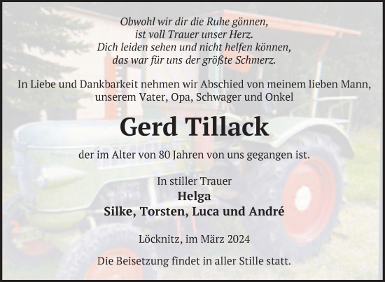 Traueranzeige von Gerd Tillack von Nordkurier Pasewalker Zeitung