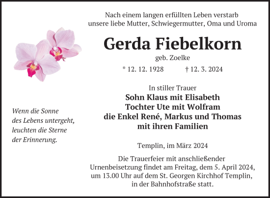 Traueranzeige von Gerda Fiebelkorn von Uckermark Kurier Templiner Zeitung